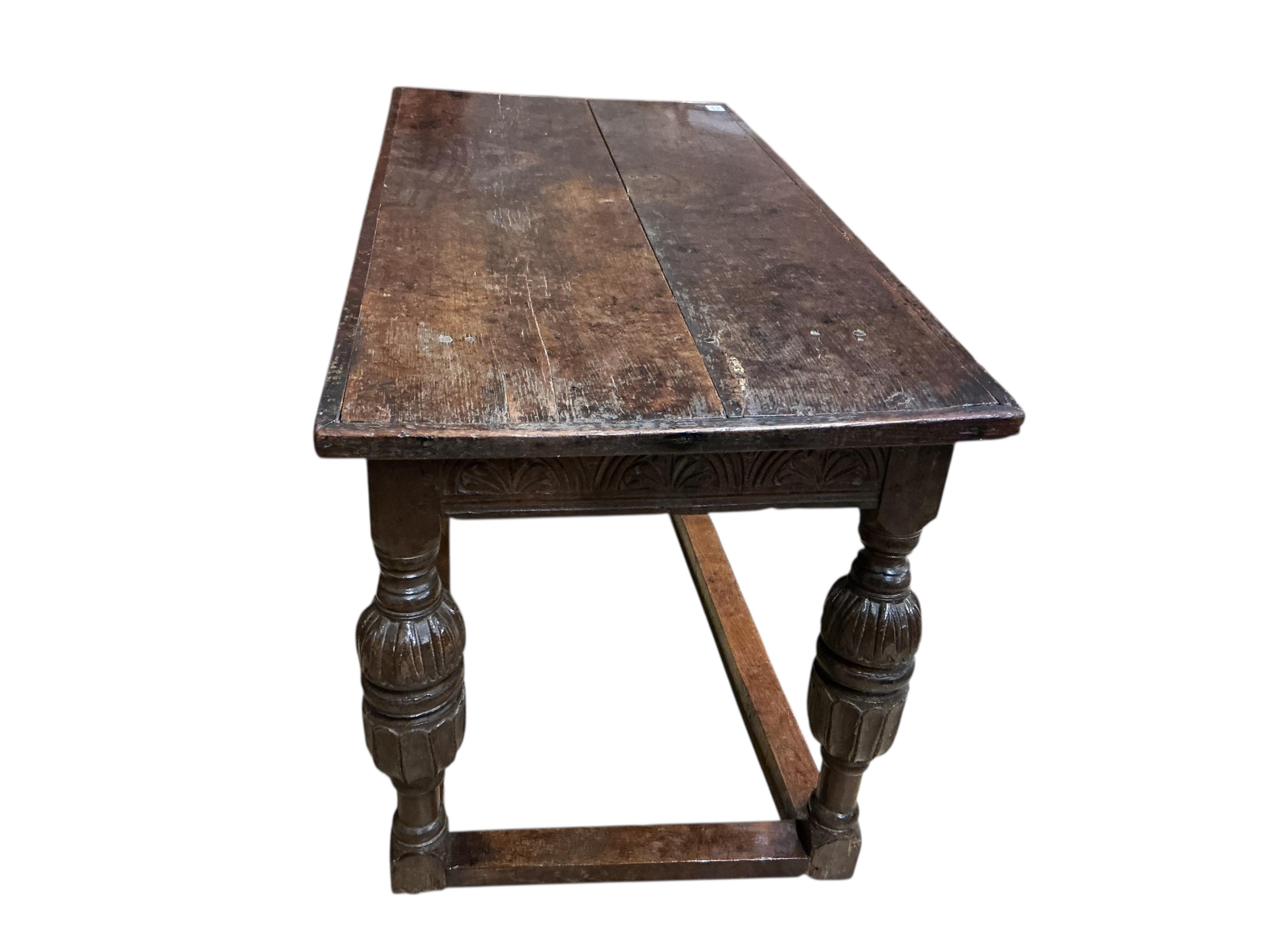 A small 17th century and later rectangular oak refectory table, (altered), width 140cm, depth 69cm, height 78cm